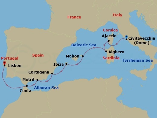 Route map: Civitavecchia (Rome), Italy → Ajaccio, Corsica, France → Alghero, Italy → Mahon, Menorca, Spain → Ibiza, Spain → Cartagena, Spain → Motril (Granada), Spain → Ceuta, Spanish Morocco, Spain → Lisbon, Portugal