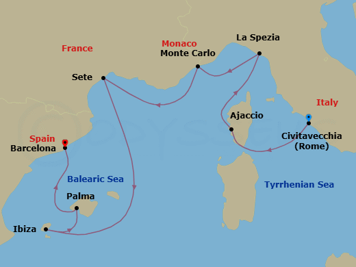 Route map: Rome (Civitavecchia) → Ajaccio (Corsica) → Cinque Terre (La Spezia) → Monte Carlo → Sete → Ibiza → Palma De Mallorca → Barcelona
