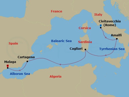 Route map: Civitavecchia (Rome) → Amalfi → Sardinia/Cagliari → Cartagena → Malaga, Spain