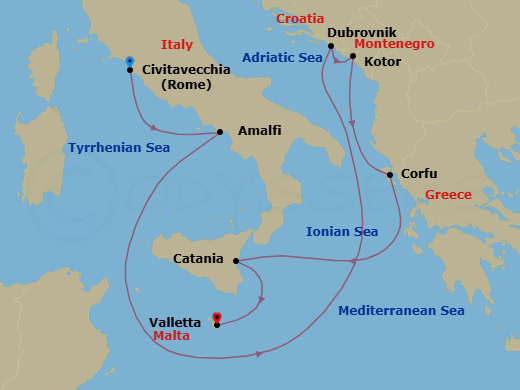 Route map: Civitavecchia (Rome) → Amalfi → Dubrovnik → Kotor → Corfu → Catania → Valletta