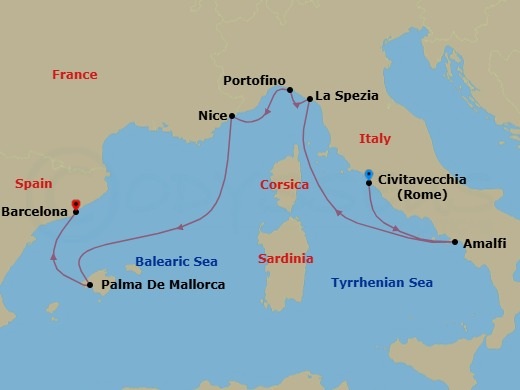 Route map: Rome (Civitavecchia), Italy → Amalfi Coast (Salerno),Italy → Florence/Pisa(Laspezia)Italy → Portofino, Italy → Nice (Villefranche), France → Palma De Mallorca, Spain → Barcelona, Spain
