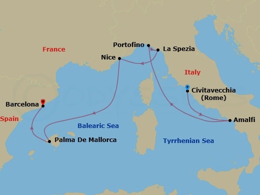 Route map: Rome (Civitavecchia), Italy → Amalfi Coast (Salerno),Italy → Portofino, Italy → Florence/Pisa(Laspezia)Italy → Nice (Villefranche), France → Palma De Mallorca, Spain → Barcelona, Spain