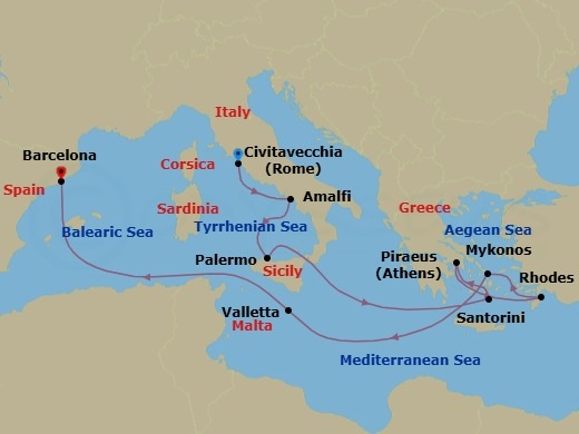 Route map: Rome (Civitavecchia), Italy → Amalfi Coast (Salerno),Italy → Sicily (Palermo),Italy → Santorini, Greece → Athens (Piraeus), Greece → Rhodes, Greece → Mykonos, Greece → Valletta, Malta → Barcelona, Spain