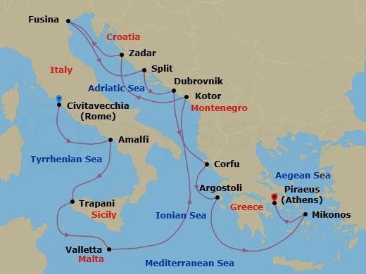 Route map: Rome (Civitavecchia) → Amalfi/Positano → Trapani (Sicily) → Valletta → Kotor → Zadar → Venice (Fusina) → Split → Dubrovnik → Corfu