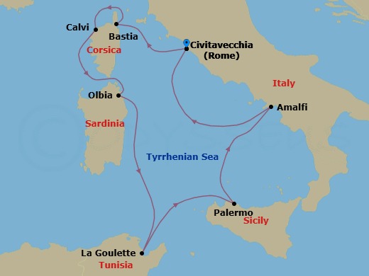 Route map: Civitavecchia (Rome), Italy → Bastia, Corsica, France → Calvi, Corsica, France → Olbia, Sardinia, Italy → La Goulette (Tunis), Tunisia → Palermo, Sicily, Italy → Amalfi, Italy → Civitavecchia (Rome), Italy