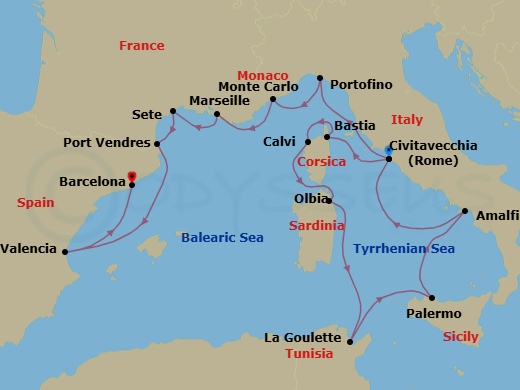 Route map: Civitavecchia (Rome), Italy → Bastia, Corsica, France → Calvi, Corsica, France → Olbia, Sardinia, Italy → La Goulette (Tunis), Tunisia → Palermo, Sicily, Italy → Amalfi, Italy → Civitavecchia (Rome), Italy → Portofino, Italy → Monte Carlo, Monaco