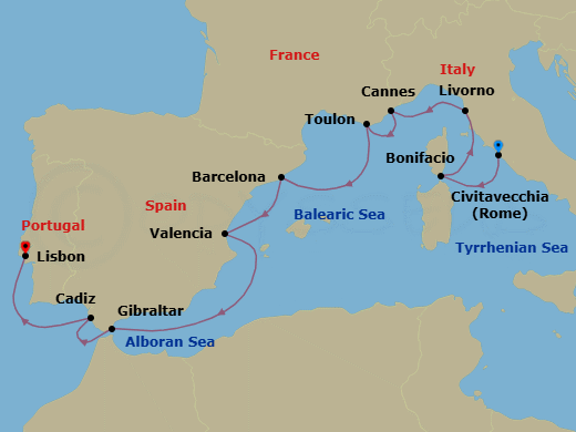Route map: Rome (Civitavecchia) → Bonifacio (Corsica) → Florence/Pisa/Tuscany (Livorno) → Cannes → Toulon → Barcelona → Valencia → Gibraltar → Seville (Cadiz) → Lisbon