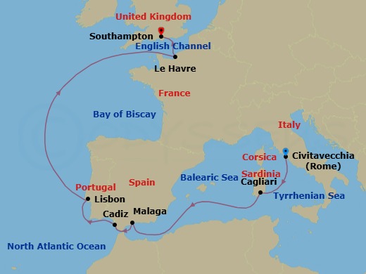 Route map: Civitavecchia (for Rome), Italy → Sardinia (Cagliari), Italy → Malaga, Spain → Seville (Cadiz), Spain → Lisbon, Portugal → Le Havre (for Paris/Normandy), France → Southampton (for London), England