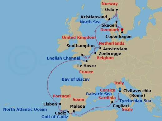 Route map: Civitavecchia (for Rome), Italy → Sardinia (Cagliari), Italy → Malaga, Spain → Seville (Cadiz), Spain → Lisbon, Portugal → Le Havre (for Paris/Normandy), France → Southampton (for London), England → Zeebrugge (for Brussels/Bruges), Belgium → Amsterdam, Netherlands → Kristiansand, Norway