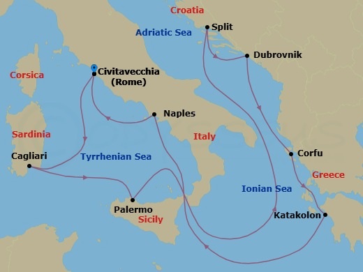 Route map: Rome (Civitavecchia), Italy → Cagliari,Sardinia,Italy → Sicily (Palermo),Italy → Split, Croatia → Dubrovnik, Croatia → Corfu, Greece → Olympia (Katakolon), Greece → Naples, Italy → Rome (Civitavecchia), Italy