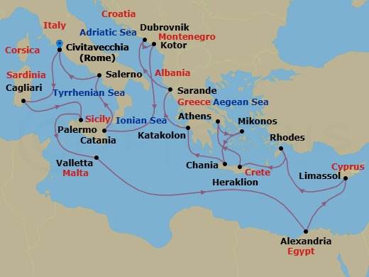 Route map: Civitavecchia (for Rome), Italy → Sardinia (Cagliari), Italy → Sicily (Palermo), Italy → Valletta, Malta → Alexandria (for Cairo & Giza), Egypt → Limassol, Cyprus → Rhodes, Greece → Crete (Heraklion), Greece → Athens (Piraeus), Greece → Mykonos, Greece