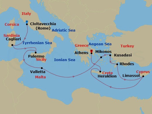 Route map: Civitavecchia (for Rome), Italy → Sardinia (Cagliari), Italy → Sicily (Palermo), Italy → Valletta, Malta → Mykonos, Greece → Kusadasi, Turkey (for Ephesus) → Rhodes, Greece → Limassol, Cyprus → Crete (Heraklion), Greece → Athens (Piraeus), Greece