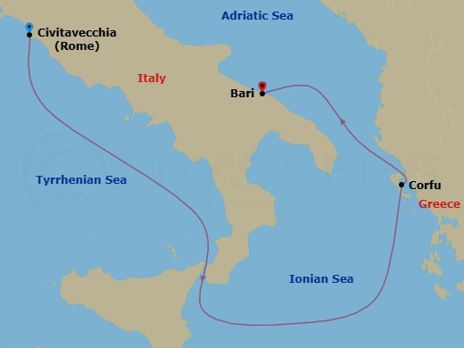 Route map: Rome (Civitavecchia) → Corfu → Bari