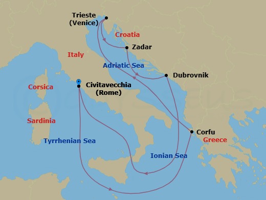 Route map: Civitavecchia → Corfu → Trieste → Zadar → Dubrovnik → Civitavecchia