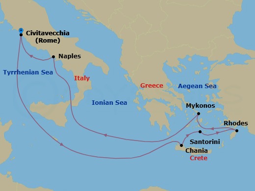 Route map: Civitavecchia → Chania → Santorini → Rhodes → Mykonos → Naples → Civitavecchia