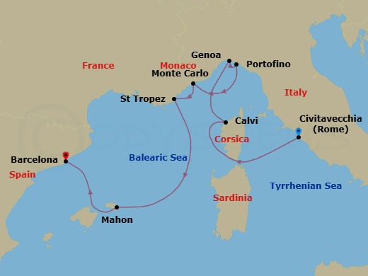 Route map: Civitavecchia (Rome) → Calvi (Corsica) → Genoa → Portofino → Monte Carlo → Saint-Tropez → Mahon (Menorca) → Barcelona