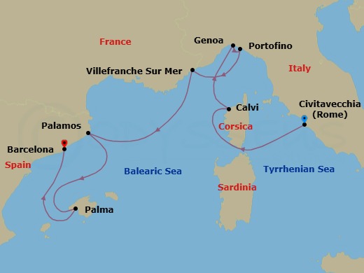 Route map: Civitavecchia (Rome) → Calvi (Corsica) → Genoa → Portofino → Villefranche-Sur-Mer(Nice) → Palamos → Palma De Mallorca → Barcelona