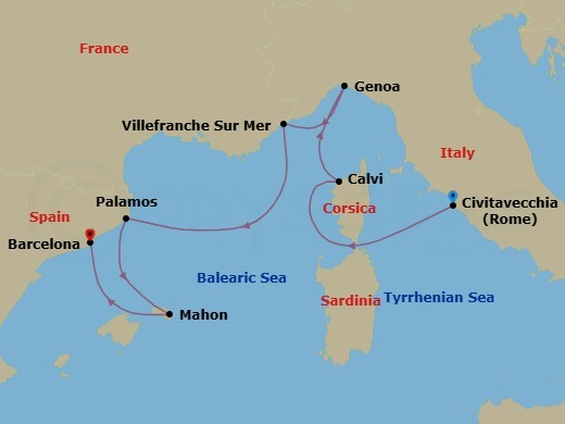 Route map: Civitavecchia (Rome) → Calvi (Corsica) → Genoa → Villefranche-Sur-Mer(Nice) → Palamos → Mahon (Menorca) → Barcelona