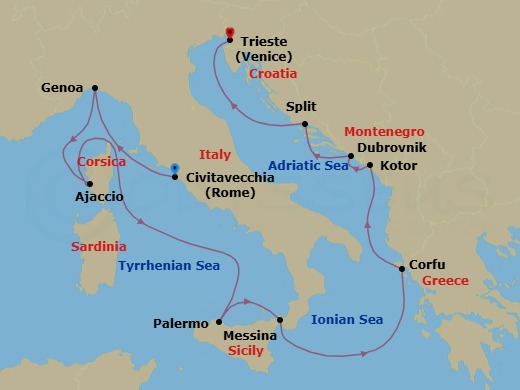 Route map: Civitavecchia (for Rome), Italy → Genoa (for Cinque Terre), Italy → Corsica (Ajaccio), France → Sicily (Palermo), Italy → Sicily (Messina), Italy → Corfu, Greece → Kotor, Montenegro → Dubrovnik, Croatia → Split, Croatia → Trieste (for Venice), Italy