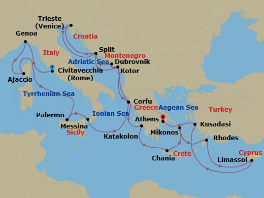 Route map: Civitavecchia (for Rome), Italy → Genoa (for Cinque Terre), Italy → Corsica (Ajaccio), France → Sicily (Palermo), Italy → Sicily (Messina), Italy → Corfu, Greece → Kotor, Montenegro → Dubrovnik, Croatia → Split, Croatia → Trieste (for Venice), Italy