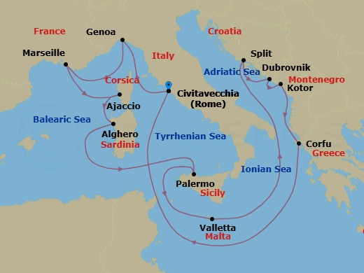 Route map: Civitavecchia (for Rome), Italy → Genoa (for Cinque Terre), Italy → Marseille (Provence), France → Corsica (Ajaccio), France → Sardinia (Alghero), Italy → Sicily (Palermo), Italy → Valletta, Malta → Split, Croatia → Dubrovnik, Croatia → Kotor, Montenegro