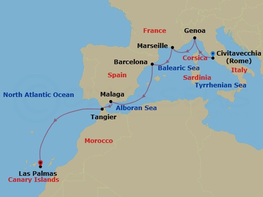 Route map: Civitavecchia (Rome) → Genova (Portofino) → Marseille → Barcelona → Malaga → Tangier → Las Palmas (Gran Canaria)