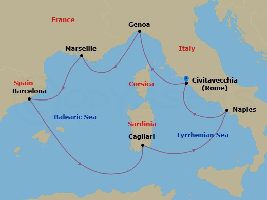 Route map: Civitavecchia | Rome → Genoa | Portofino → Marseilles (France) → Barcelona (Spain) → Balearic Sea Darkest Spot → Cagliari (Italy) → Naples (Italy) → Civitavecchia | Rome