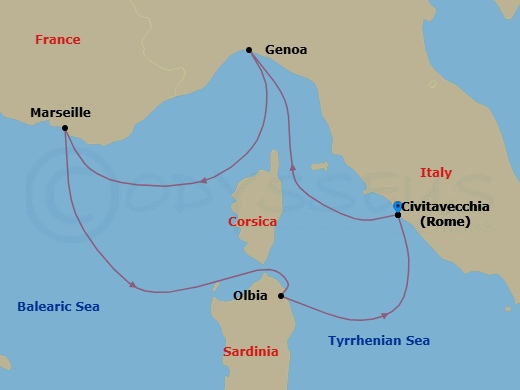 Route map: Civitavecchia (Rome) Italy → Genoa (Portofino) Italy → Marseille (Provence) France → Olbia Italy → Civitavecchia (Rome) Italy