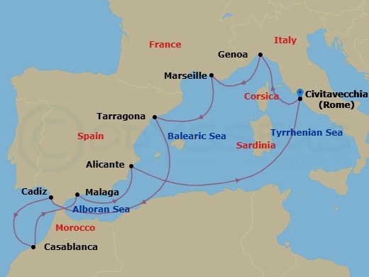 Route map: Civitavecchia (Rome) Italy → Genoa (Portofino) Italy → Marseille (Provence) France → Tarragona Spain → Cadiz (Seville) Spain → Casablanca (Marrakech) Morocco → Malaga (Granada) Spain → Alicante Spain → Civitavecchia (Rome) Italy