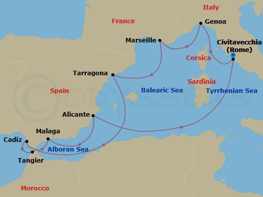 Route map: Civitavecchia (Rome) Italy → Genoa (Portofino) Italy → Marseille (Provence) France → Tarragona Spain → Cadiz (Seville) Spain → Tangier (Tetouan) Morocco → Malaga (Granada) Spain → Alicante Spain → Civitavecchia (Rome) Italy