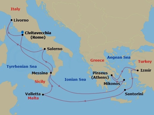 Route map: Civitavecchia  Rome, Italy → Mykonos, Greece → Piraeus  Athens, Greece → Izmir  Ephesus, Turkey → Santorini Island, Greece → Valletta, Malta → Messina, Italy → Amalfi Coast (Salerno), Italy → Livorno  Florence Pisa, Italy → Civitavecchia  Rome, Italy