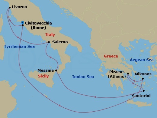 Route map: Civitavecchia  Rome, Italy → Mykonos, Greece → Piraeus  Athens, Greece → Santorini Island, Greece → Messina, Italy → Amalfi Coast (Salerno), Italy → Livorno  Florence Pisa, Italy → Civitavecchia  Rome, Italy