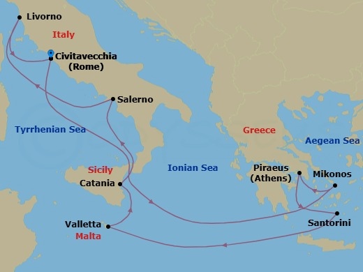 Route map: Civitavecchia  Rome, Italy → Mykonos, Greece → Piraeus  Athens, Greece → Santorini Island, Greece → Valletta, Malta → Catania, Italy → Amalfi Coast (Salerno), Italy → Livorno  Florence Pisa, Italy → Civitavecchia  Rome, Italy