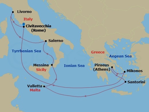 Route map: Civitavecchia  Rome, Italy → Mykonos, Greece → Piraeus  Athens, Greece → Santorini Island, Greece → Valletta, Malta → Messina, Italy → Amalfi Coast (Salerno), Italy → Livorno  Florence Pisa, Italy → Civitavecchia  Rome, Italy