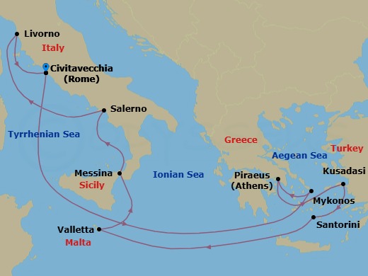 Route map: Civitavecchia  Rome, Italy → Mykonos, Greece → Piraeus  Athens, Greece → Kusadasi, Turkey → Santorini Island, Greece → Valletta, Malta → Messina, Italy → Amalfi Coast (Salerno), Italy → Livorno  Florence Pisa, Italy → Civitavecchia  Rome, Italy