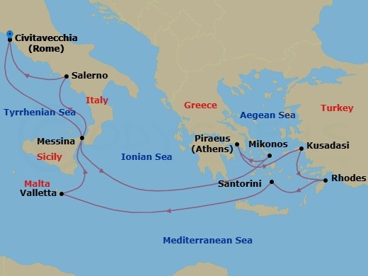Route map: Civitavecchia  Rome, Italy → Mykonos, Greece → Piraeus  Athens, Greece → Kusadasi, Turkey → Rhodes, Greece → Santorini Island, Greece → Valletta, Malta → Messina, Italy → Amalfi Coast (Salerno), Italy → Civitavecchia  Rome, Italy