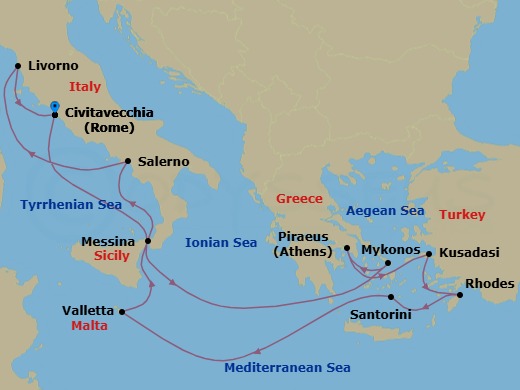 Route map: Civitavecchia  Rome, Italy → Mykonos, Greece → Piraeus  Athens, Greece → Kusadasi, Turkey → Rhodes, Greece → Santorini Island, Greece → Valletta, Malta → Messina, Italy → Amalfi Coast (Salerno), Italy → Livorno  Florence Pisa, Italy