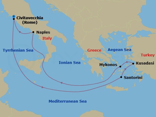 Route map: Rome (Civitavecchia), Italy → Santorini, Greece → Ephesus (Kusadasi), Turkey → Mykonos, Greece → Naples, Italy → Rome (Civitavecchia), Italy