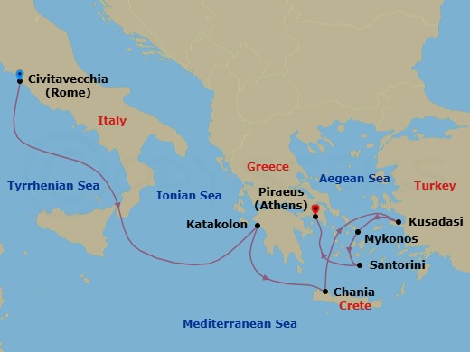 Route map: Rome (Civitavecchia), Italy → Olympia (Katakolon), Greece → Chania (Souda),Crete, Greece → Ephesus (Kusadasi), Turkey → Mykonos, Greece → Santorini, Greece → Athens (Piraeus), Greece