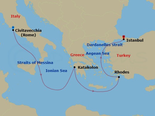 Route map: Civitavecchia (tours to Rome),Italy → Messina Strait, Italy         (Transit) → Katakolon (tours to Olympia), Greece → Rhodes, Greece → Dardanelles Strait, Turkey    (Transit) → ISTANBUL, TURKIYE