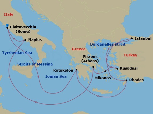 Route map: Civitavecchia (tours to Rome),Italy → Messina Strait, Italy         (Transit) → Katakolon (tours to Olympia), Greece → Rhodes, Greece → Dardanelles Strait, Turkey    (Transit) → ISTANBUL, TURKIYE → Dardanelles Strait, Turkey    (Transit) → KUSADASI (TOURS TO EPHESUS),  TURKIYE → Mykonos, Greece → Piraeus (tours to Athens), Greece