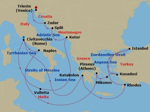 Route map: Civitavecchia (tours to Rome),Italy → Messina Strait, Italy         (Transit) → Katakolon (tours to Olympia), Greece → Rhodes, Greece → Dardanelles Strait, Turkey    (Transit) → ISTANBUL, TURKIYE → Dardanelles Strait, Turkey    (Transit) → KUSADASI (TOURS TO EPHESUS),  TURKIYE → Mykonos, Greece → Piraeus (tours to Athens), Greece