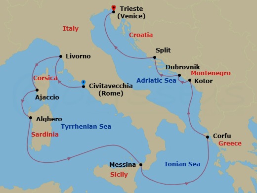 Route map: Civitavecchia (for Rome), Italy → Livorno (for Florence/Pisa), Italy → Corsica (Ajaccio), France → Sardinia (Alghero), Italy → Sicily (Messina), Italy → Corfu, Greece → Kotor, Montenegro → Dubrovnik, Croatia → Split, Croatia → Trieste (for Venice), Italy