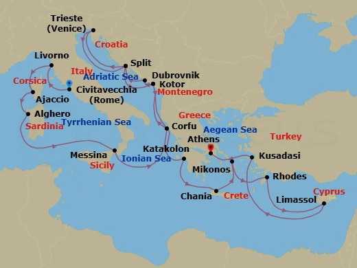 Route map: Civitavecchia (for Rome), Italy → Livorno (for Florence/Pisa), Italy → Corsica (Ajaccio), France → Sardinia (Alghero), Italy → Sicily (Messina), Italy → Corfu, Greece → Kotor, Montenegro → Dubrovnik, Croatia → Split, Croatia → Trieste (for Venice), Italy