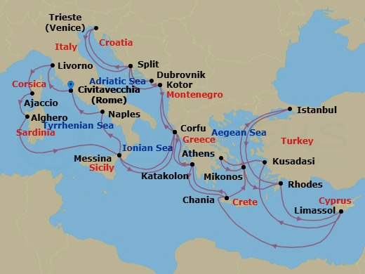 Route map: Civitavecchia (for Rome), Italy → Livorno (for Florence/Pisa), Italy → Corsica (Ajaccio), France → Sardinia (Alghero), Italy → Sicily (Messina), Italy → Corfu, Greece → Kotor, Montenegro → Dubrovnik, Croatia → Split, Croatia → Trieste (for Venice), Italy