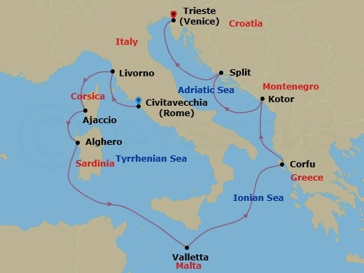 Route map: Civitavecchia (for Rome), Italy → Livorno (for Florence/Pisa), Italy → Corsica (Ajaccio), France → Sardinia (Alghero), Italy → Valletta, Malta → Corfu, Greece → Kotor, Montenegro → Split, Croatia → Trieste (for Venice), Italy