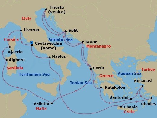 Route map: Civitavecchia (for Rome), Italy → Livorno (for Florence/Pisa), Italy → Corsica (Ajaccio), France → Sardinia (Alghero), Italy → Valletta, Malta → Corfu, Greece → Kotor, Montenegro → Split, Croatia → Trieste (for Venice), Italy → Split, Croatia