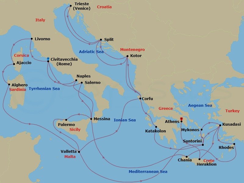 Route map: Civitavecchia (for Rome), Italy → Livorno (for Florence/Pisa), Italy → Corsica (Ajaccio), France → Sardinia (Alghero), Italy → Valletta, Malta → Corfu, Greece → Kotor, Montenegro → Split, Croatia → Trieste (for Venice), Italy → Split, Croatia