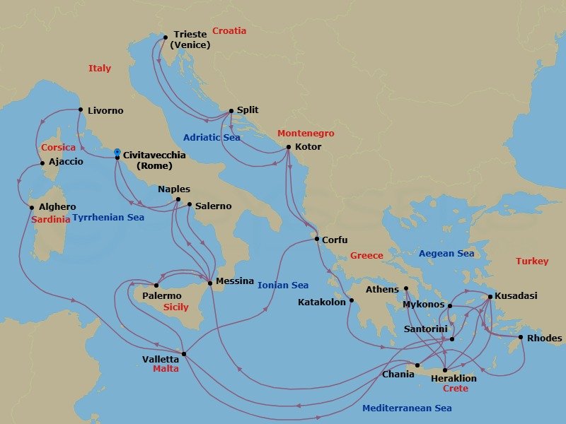 Route map: Civitavecchia (for Rome), Italy → Livorno (for Florence/Pisa), Italy → Corsica (Ajaccio), France → Sardinia (Alghero), Italy → Valletta, Malta → Corfu, Greece → Kotor, Montenegro → Split, Croatia → Trieste (for Venice), Italy → Split, Croatia