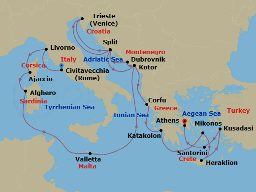 Route map: Civitavecchia (for Rome), Italy → Livorno (for Florence/Pisa), Italy → Corsica (Ajaccio), France → Sardinia (Alghero), Italy → Valletta, Malta → Kotor, Montenegro → Dubrovnik, Croatia → Split, Croatia → Trieste (for Venice), Italy → Split, Croatia